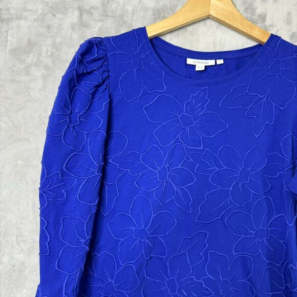 Chicos Top Womens Large Blue Knit Embroidered Floral Puff 3/4 Sleeve Stretch - Picture 4 of 10